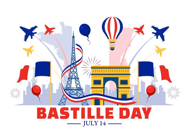 Ilustración vectorial del Día de la Bastilla el 14 de julio con la bandera francesa y la Torre Eiffel