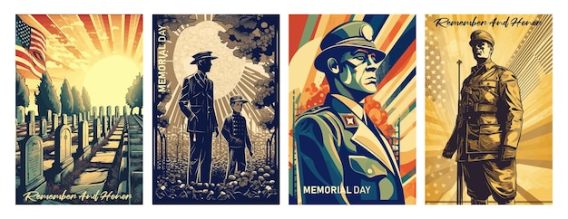 Ilustración vectorial del Día de la Conmemoración Soldado de la bandera de los Estados Unidos en el cementerio y un niño en el día de la conmemoración Diseño de tarjetas de felicitación y carteles retro