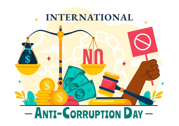 Ilustración vectorial del Día contra la Corrupción con un mensaje de Stop Giving Money con un letrero de prohibición de monedas de dólar y cadenas en un fondo plano