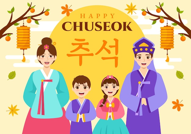 Ilustración vectorial del Día Feliz de Chuseok del evento coreano de Acción de Gracias con niños que usan Hanbok