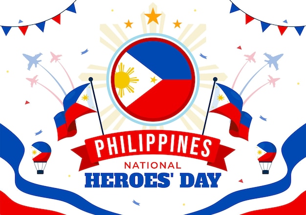 Ilustración vectorial del Día de los Héroes de Filipinas el 29 de agosto con bandera y cinta ondeando en una celebración nacional de vacaciones con fondo plano de estilo de dibujos animados