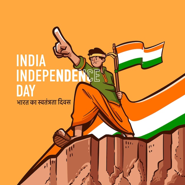 Ilustración vectorial del Día de la Independencia de la India con personas sosteniendo banderas en la cima del acantilado