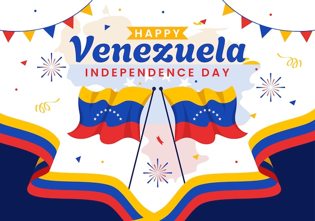 Vector ilustración vectorial del día de la independencia de venezuela el 5 de julio con banderas y confeti en la fiesta conmemorativa