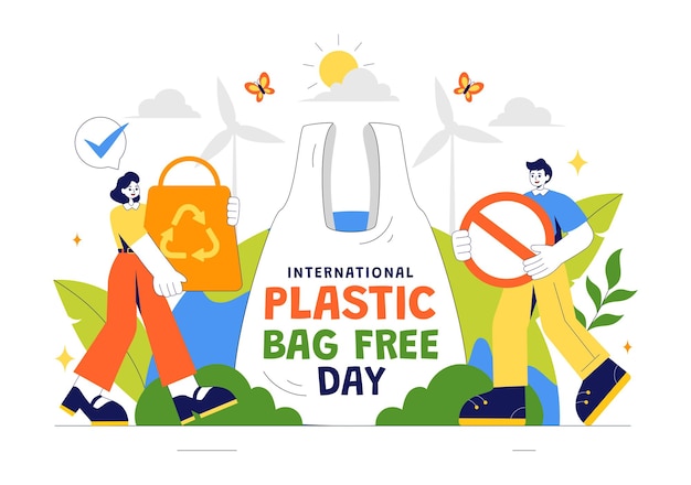 Ilustración vectorial del Día Internacional Sin Bolsas de Plástico el 3 de julio con el mensaje Go Green Salve la Tierra y el Océano con un estilo de vida ecológico