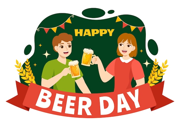 Vector ilustración vectorial del día internacional de la cerveza con celebración de cervezas cheers en dibujos animados planos dibujados a mano