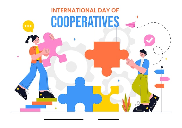 Ilustración vectorial del Día Internacional de las Cooperativas con personas que contribuyen a los Objetivos Complementarios de las Naciones Unidas en un fondo