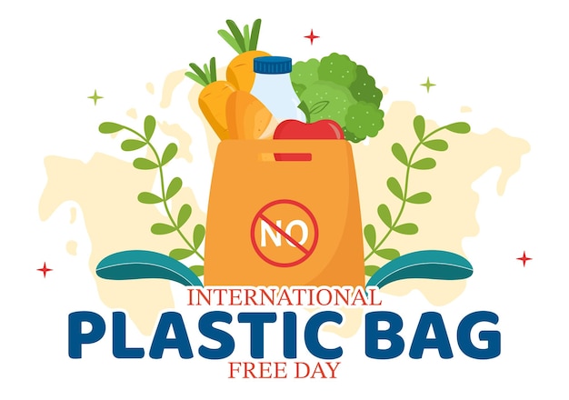 Ilustración vectorial del Día Internacional Libre de Bolsas de Plástico con Go green en Eco Lifestyle Flat Cartoon