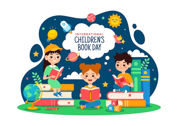 Vector ilustración vectorial del día internacional del libro infantil el 2 de abril con niños leyendo libros y globo