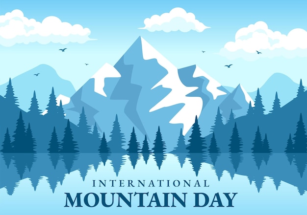 Ilustración vectorial del Día Internacional de la Montaña el 11 de diciembre con panorama de montañas y árboles
