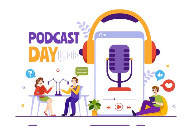 Ilustración vectorial del Día Internacional del Podcast con herramientas de estudio de transmisión para transmisión en vivo de eventos