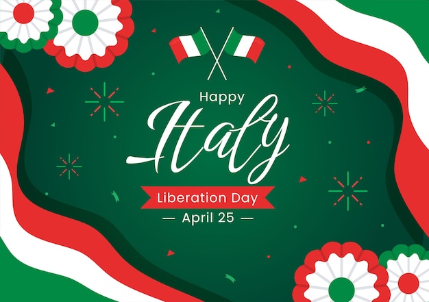 Ilustración vectorial del Día de la Liberación de Italia con bandera italiana ondeando y cinta en vacaciones vacaciones