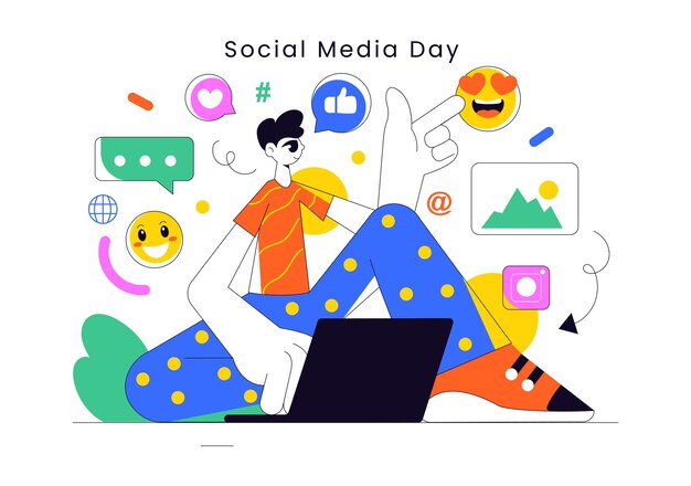 Ilustración vectorial del Día de los Medios Sociales con iconos de redes sociales en un teléfono inteligente que conecta a la gente en un fondo de dibujos animados de estilo plano