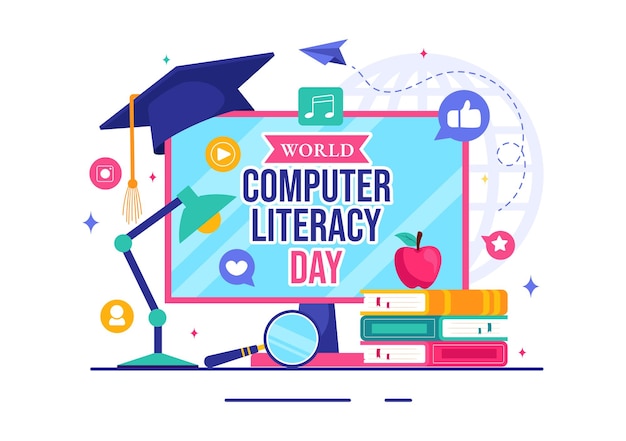 Ilustración vectorial del Día Mundial de la Alfabetización Informática el 2 de diciembre con libros y equipos de medios para promover la educación en un fondo de estilo plano