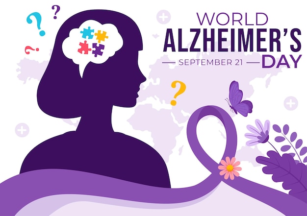 Ilustración vectorial del Día Mundial del Alzheimer con un anciano y un rompecabezas cerebral que simbolizan recuerdos en un fondo plano de cinta púrpura