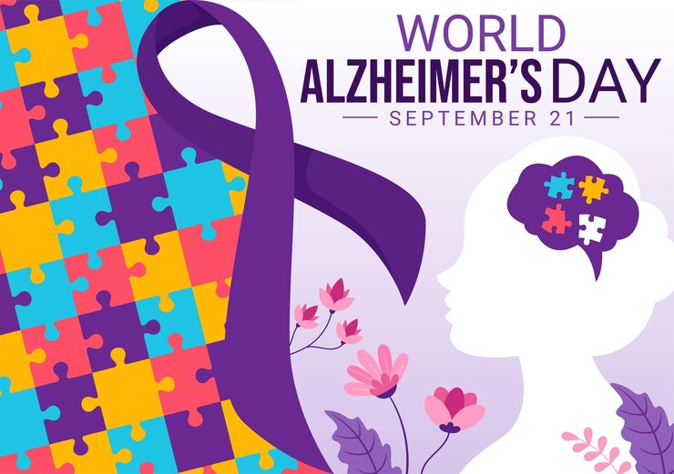 Vector ilustración vectorial del día mundial del alzheimer con un anciano y un rompecabezas cerebral que simbolizan recuerdos en un fondo plano de cinta púrpura