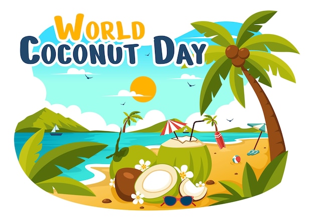 Ilustración vectorial del Día Mundial del Coco con flores, hojas tropicales y un fondo de playa