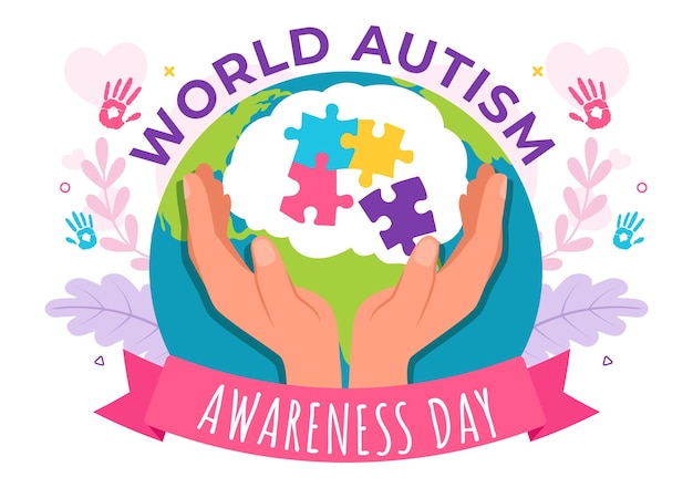 Ilustración vectorial del Día Mundial de Concienciación sobre el Autismo con cinta de piezas de rompecabezas en la atención médica