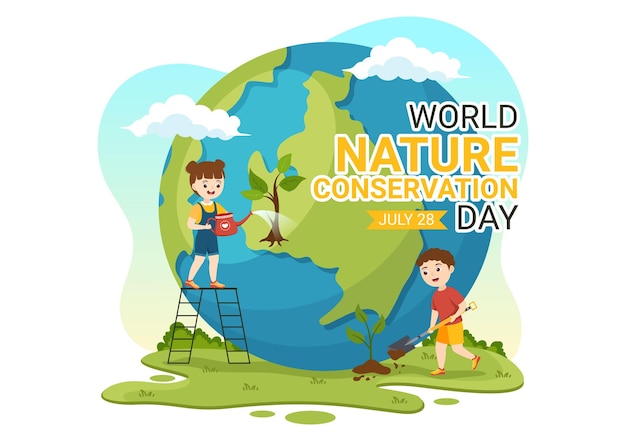 Ilustración vectorial del día mundial de la conservación de la naturaleza con niños y plantilla de ecología ecológica