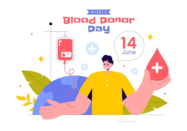 Ilustración vectorial del Día Mundial del Donante de Sangre el 14 de junio con sangre donada humana para ayudar a los receptores y salvar vidas en un fondo de estilo plano