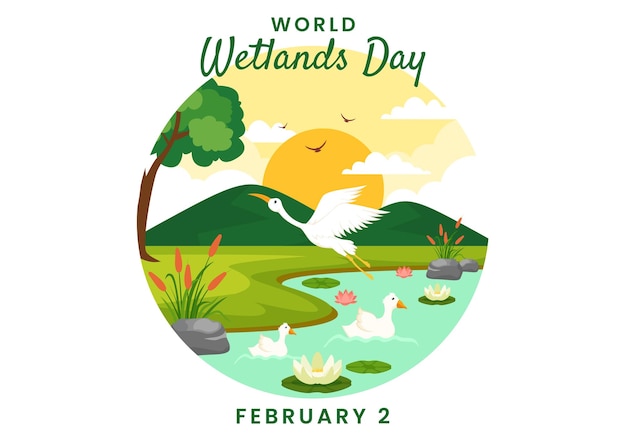Ilustración vectorial del Día Mundial de los Humedales el 2 de febrero con animales cigüeñas y fondo de jardín