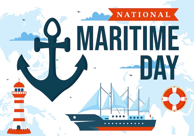 Ilustración vectorial del Día Mundial del Mar con el mar y los barcos para la seguridad marítima y el medio marino
