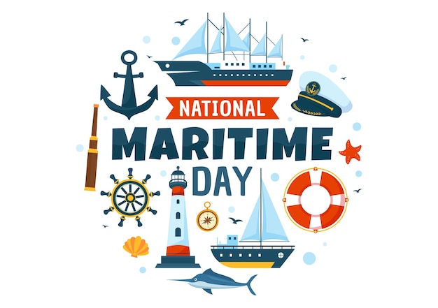 Ilustración vectorial del Día Mundial del Mar con el mar y los barcos para la seguridad marítima y el medio marino