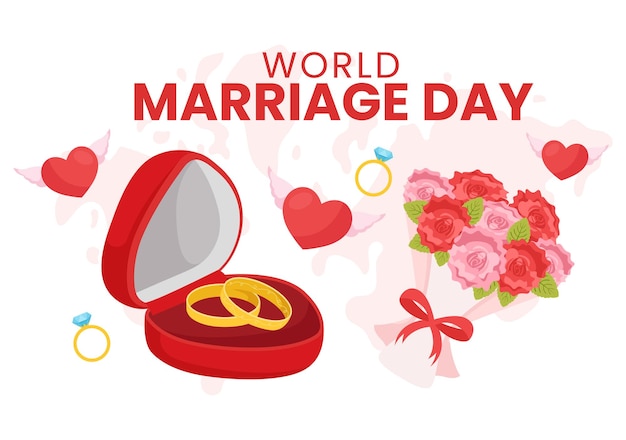 Ilustración vectorial del Día Mundial del Matrimonio el 12 de febrero con el símbolo del anillo del amor para enfatizar la belleza y la lealtad de una pareja en fondo de dibujos animados