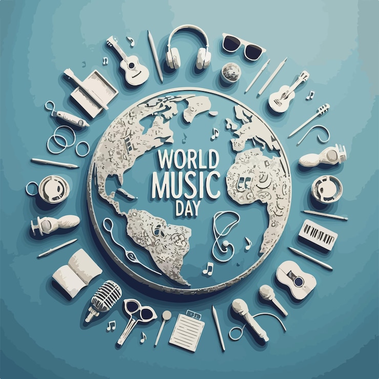 Vector ilustración vectorial del día mundial de la música fondo con instrumentos musicales concepto aislado
