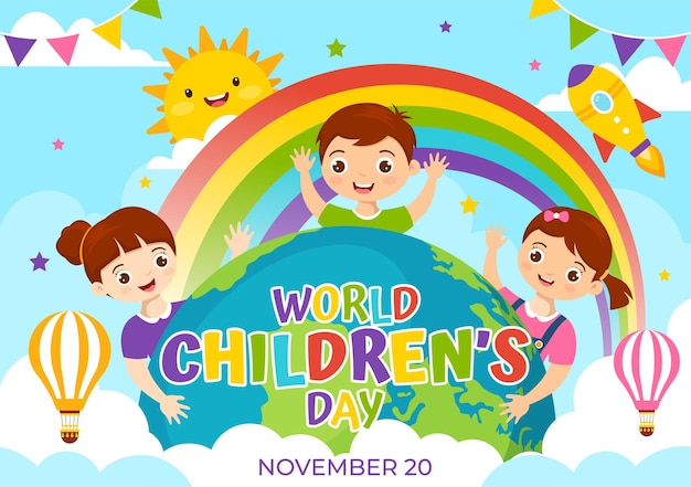 Ilustración vectorial del Día Mundial del Niño el 20 de noviembre con niños y celebración del arco iris en los niños