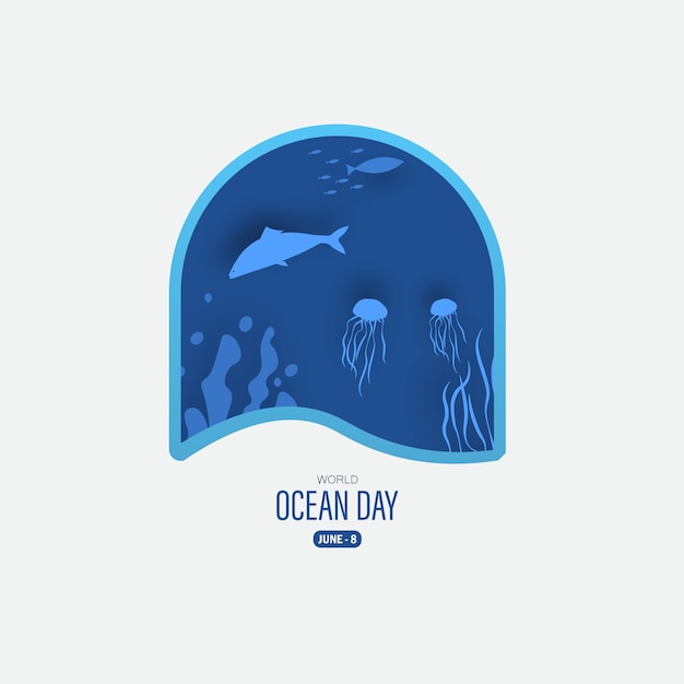 Ilustración vectorial del día mundial del océano en estilo de corte de papel con vista submarina al océano.