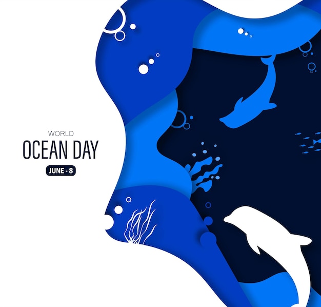 Ilustración vectorial del día mundial del océano en estilo de corte de papel con vista submarina al océano.