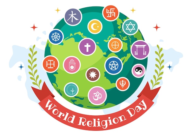 Ilustración vectorial del Día Mundial de la Religión el 17 de enero con iconos simbólicos de diferentes religiones