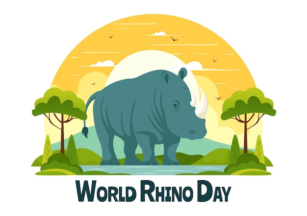 Ilustración vectorial del Día Mundial del Rinoceronte el 22 de septiembre para amantes y defensores de los rinocerontes o defensores de la protección de los animales en un fondo plano de dibujos animados