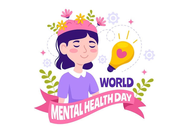 Ilustración vectorial del Día Mundial de la Salud Mental el 10 de octubre con problema saludable y corazón en el cerebro