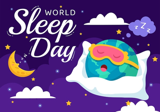 Ilustración vectorial del Día Mundial del Sueño el 15 de marzo con personas durmiendo nubes planeta Tierra y la Luna en fondos celestes Diseño de dibujos animados planos