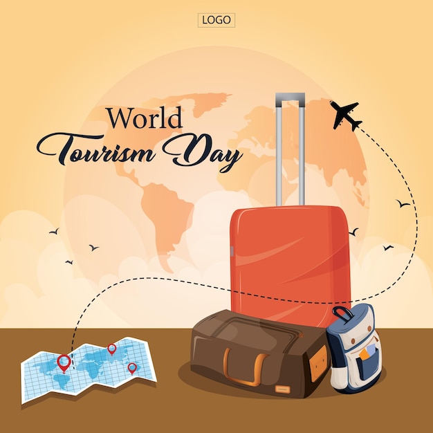 Ilustración vectorial del día mundial del turismo Día mundial del turismo con el vector del mapa del globo de la bolsa de avión