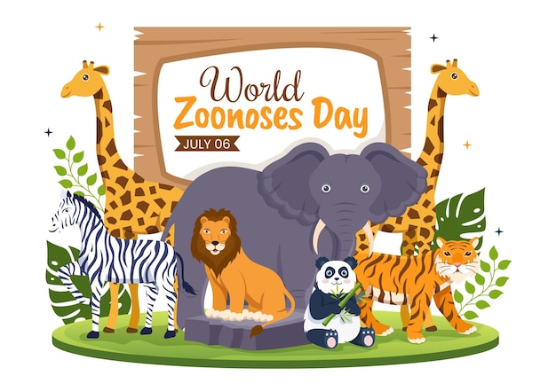 Ilustración vectorial del Día Mundial de las Zoonosis el 6 de julio con varios animales que se encuentran en el bosque