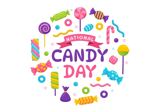 Ilustración vectorial del Día Nacional del Dulce con diferentes tipos de dulces y dulces en caricatura plana