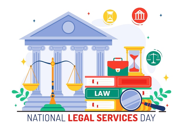 Ilustración vectorial del Día Nacional de los Servicios Legales con escalas y libros de derecho a la justicia y la igualdad de derechos para todos en la sociedad en un fondo