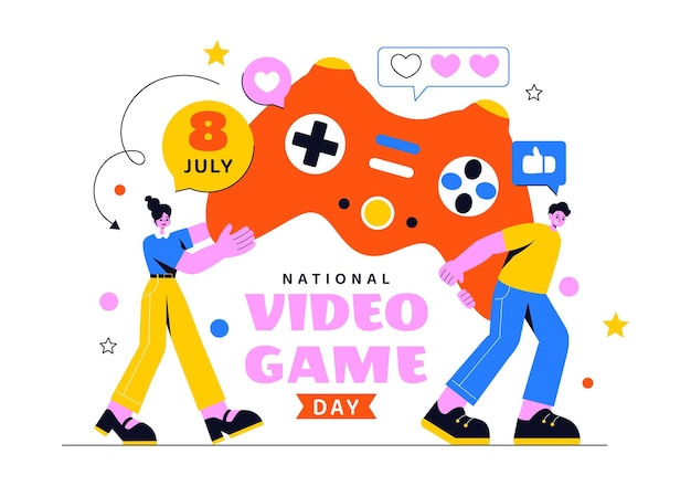 Ilustración vectorial del Día Nacional del Videojuego con una consola de juegos moderna Configuración de jugadores profesionales y fondo de concepto de transmisión en vivo