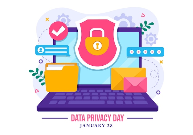 Ilustración vectorial del Día de la Privacidad de Datos el 28 de enero con bloqueo en la pantalla para información de escudo