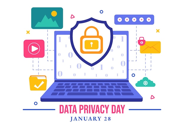 Ilustración vectorial del Día de la Privacidad de Datos con un bloqueo en una pantalla que representa documentos de información seguros y protección de datos en un fondo plano