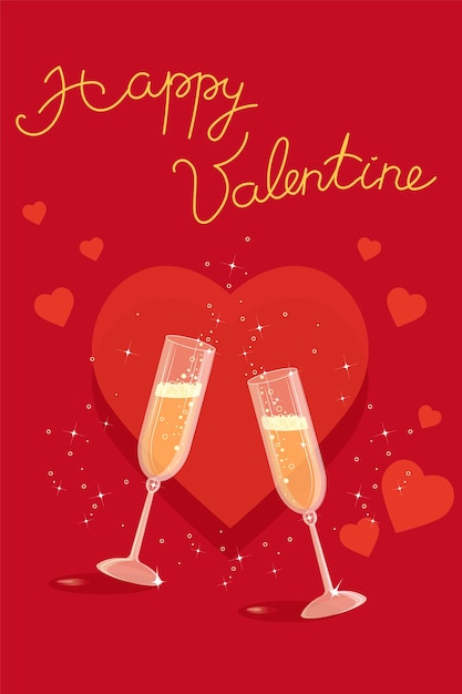 Ilustración vectorial para el día de San Valentín. Copas de champán, corazones y letras en un color rojo intenso