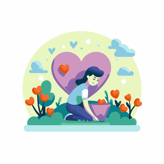 Ilustración vectorial del día de San Valentín en estilo de dibujos animados plana Niña con un ramo de tulipanes en el jardín