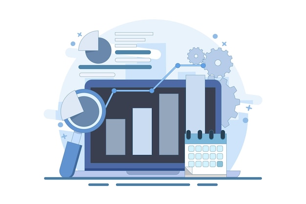 Ilustración vectorial Diagrama financiero Análisis de concepto con lupa Char de negocios financieros