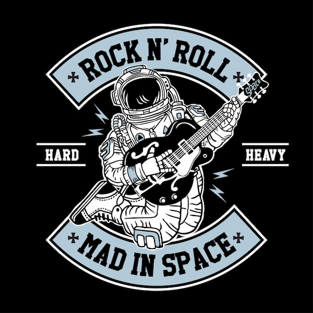 Ilustración vectorial dibujada a mano Astronauta Guitarra Rock en el espacio Parche Emblema Insignia Estilo de diseño