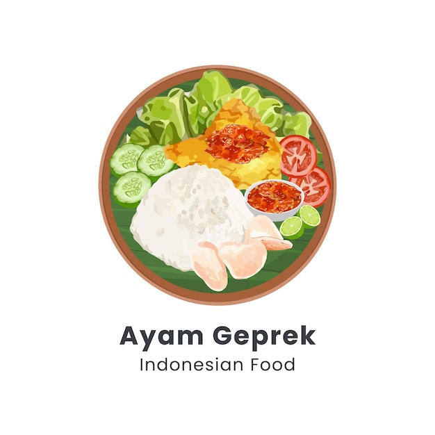 Ilustración vectorial dibujada a mano de ayam geprek, una comida callejera popular en Indonesia.