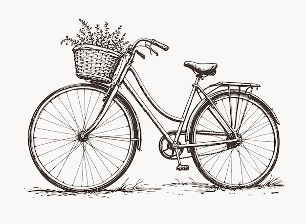 Ilustración vectorial dibujada a mano de una bicicleta de la ciudad en estilo dibujado a mano con tinta Bicicleta con rack de pannier y canasta de mimbre delantera