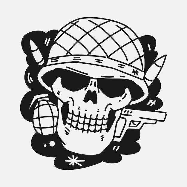 Ilustración vectorial dibujada a mano en blanco y negro de un cráneo con una pistola de granadas y casco de soldado