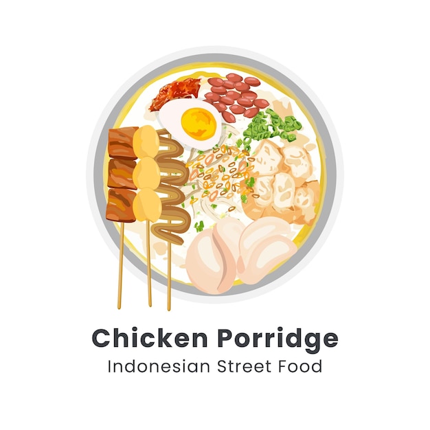 Ilustración vectorial dibujada a mano de bubur ayam o avena de pollo de la comida callejera indonesia